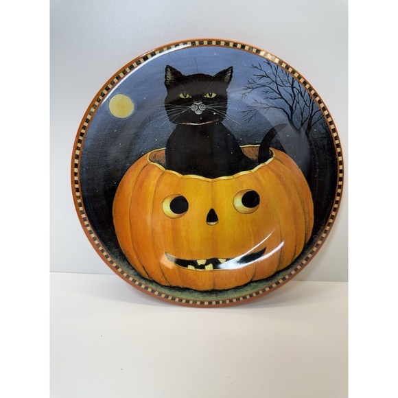 Vintage Melamine Halloween Black Cat Pumpkin Jack o Lantern Plate 9" Set Of 3 - Picture 3 of 6